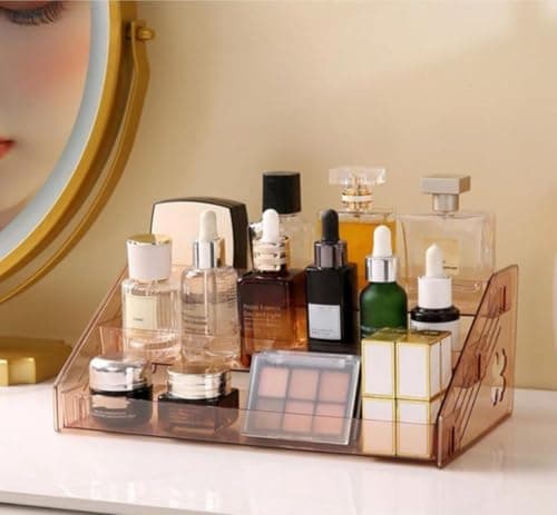 Generic 3-Tier Ladder-Style Makeup Organiser, Multi-Layer Acrylic, Honey Colour, for Cosmetics and Beauty Tools, .kl
