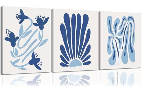 Blue Matisse Flower Wall Art Boho Light Blue Plant Wall Art Set of 3 Henri Matisse Abstract Floral Canvas Wall Decor Prints Picture Artwork for Bedroom Living Room 12x16 Inch Framed