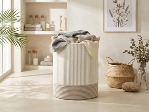 Generic Striped Velvet Laundry Basket with Mesh Lid, 50 x 40 cm, .db