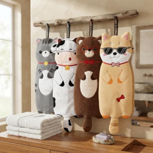 Large 80cm Cotton Kitchen Towel for Drying and Water Absorption, Ultra Absorbent Dish Cloth with Cute Animal Design and Hanging Loop for Easy Storage