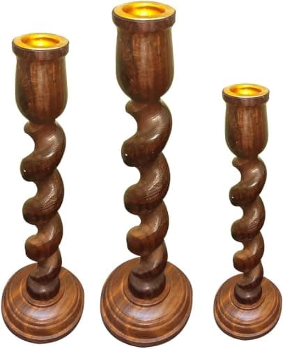 3-Piece Indian Sheesham Wood Candlestick Set Handmade Spiral Home Decor Candle holder