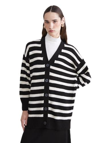 LC WAIKIKI Woman V Neck Striped Women's Knitwear Cardigan Sweater