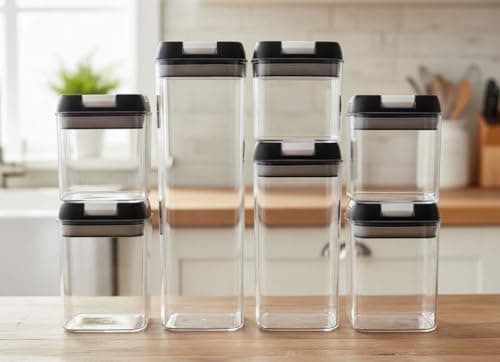 Generic Airtight Pure Acrylic Food Storage Container Set, Clear with Black Lids, 7-Piece, for Legumes, Spices, and Snacks, .sew
