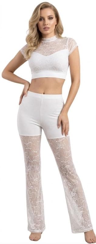 Women's 2-Piece Sexy Lingerie Home Set Sheer Lace Crop Top and Mesh Flare Pants - Elegant 722 722-Lace-Set-besha Nightgown nightshirt