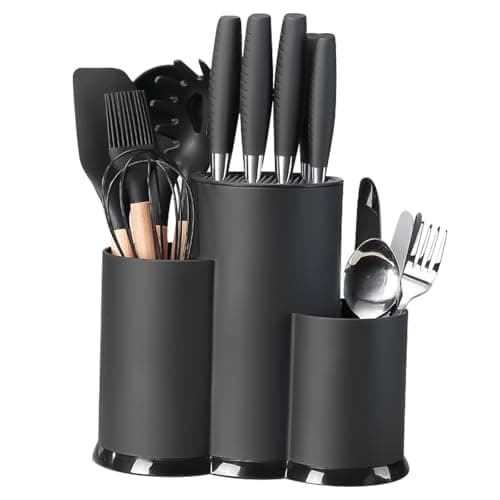 3-in-1 Knife Block Without Knives, Black Knife Block with Slots, Universal Empty Knife Blocks, Kitchen Helper Storage, Knife Block Organiser, Cutlery Holder Suitable for All Kitchen Knives