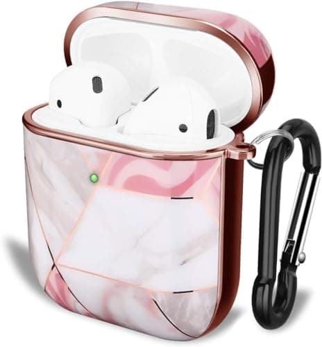 Elmo3ezz Compatible with Airpods 2 Cute Marble Shiny Chrome Airpods Case with Keychain Shockproof Full Protection Cover for Apple Airpods 2/Airpods (Pink And White)