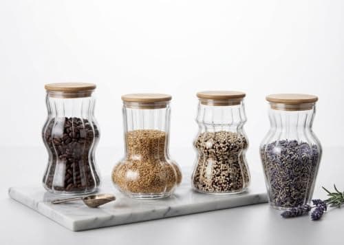 4-Piece Ribbed Glass Jar Set with Airtight Wooden Lids 420ml Kitchen Storage Containers for Coffee Beans Spices Loose Tea Pasta Food Organization