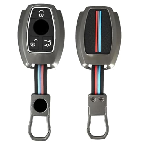 Compatible with Mercedes Benz:CEMS CLS CLK GLK GLC Key Fob Cover with Keychain Full Protection Metal Car Key Case with Keyring Colorful Stripes Sport Pattern