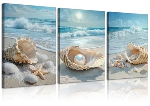 SOUHLP 3Pcs Beach Themed Canvas Wall Art | Summer Beach Waves Pictures, Seashells Starfish and Pearl in Ocean Setting, Coastal Prints Paintings, Seaside Artwork