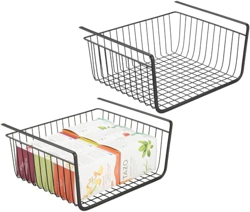 Metal Under Shelf Basket for Kitchen Storage - Wire Farmhouse Sliding Bin Basket for Pantry - Large Open Front Organizer for Food, Drinks, Snacks - Black Item container