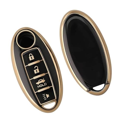 TPU Car Key Fob Cover, Full Protection Without Interference, Compatible with Nissan, 4 Buttons (Black X Gold) Auto key shell