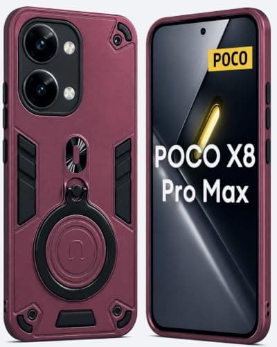 Case Compatible with Poco X8 Pro Max Dual Layer Protective Shockproof Hard Armor Cover 360° Rotating Finger Ring Kickstand and Car Magnetic Mount, RED WINE Cellular phone case