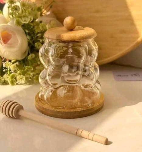 Generic Glass Honeycomb Honey Jar with Wooden Lid and Bamboo Dipper, Clear, Airtight, 500ml, Set of 3, .sg Food storage container