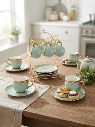 12-Piece Porcelain Coffee Cup Set with 6 Saucers and Gold Detail Stand