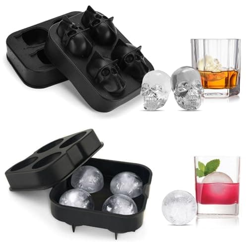 2 Pack Black Ice Cube Maker, Reusable Ice Cube Mold, Silicone Ice Cube Tray with Lid, Skull & Sphere Ice Cube Mold for Whiskey, Cocktails, Homemade Cold Drinks