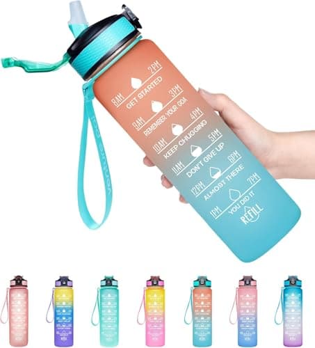 XG Store Motivational Fitness Sports Water Bottle with Time Marker & Straw, Assorted color, 32oz,(Shapes May Vary)