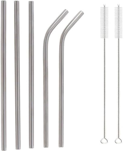 Large Stainless Steel Drinking Straws with Brushes (2 Curved + 3 Straight + 2 Brushes)