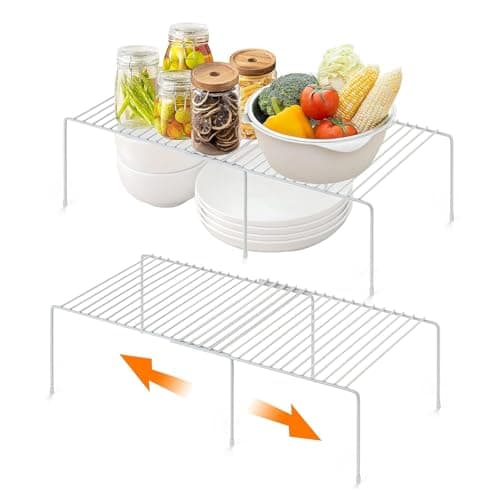 Diylove Kitchen Cabinet Expandable Shelf Organizers Set of 2, Adjustable Metal Wire Pantry Storage Shelves, Plate Dish Organizer Rack for Cabinets, Cupboard, Counter, Freezer, Countertop (White)