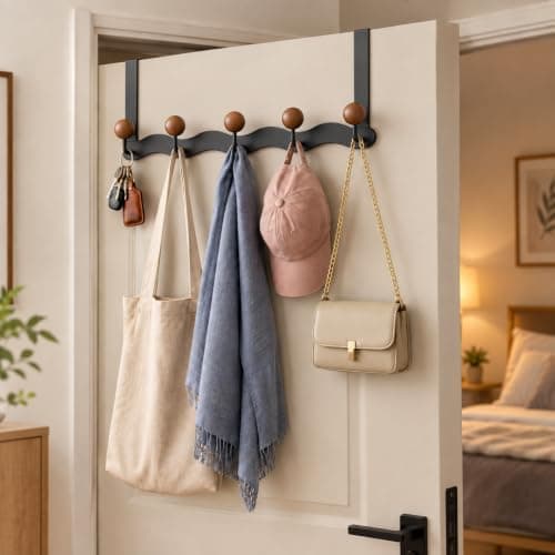 Over Door Hanger, 5 Hooks, Iron And Wood, No Drill 38 cm Space Saving Black | No Drill Installation, 5 Hooks For Clothes, Towels, Bags And Accessories, Ideal For Bedroom, Bathroom, Office And Entryway Storage hook