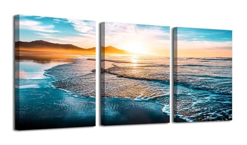 daktenn 3 Piece Beach Wall Art Sunset Pictures Wall Decor Ocean Wall Decor Ocean Beach Sunset Canvas Wall Art Sunset Landscape Painting 12"x16"x3 Panels