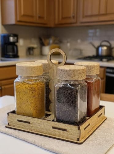 Generic Spice Jar Set with Wooden Stand, 4-Piece Glass Spice Bottles with Cork Lids and Caddy Holder for Kitchen Organisation, .em Food storage container