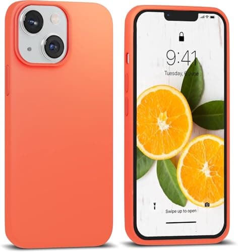 Compatible with iPhone 13/14 Case 6.1, Slim Liquid Silicone 3 Layers Full Covered Soft Gel Rubber Phone Case Protective Cover 6.1 Inch (Orange) Cellular phone case