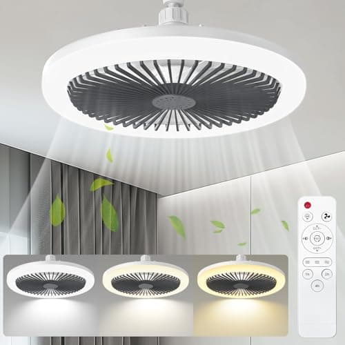 Jayjuly Socket Fan Light Ceiling Fans with Lights and Remote,10" Indoor Fan with Remote Adjustable LED Quiet for Bedroom,Garage Tool Room,Kitchen, Living Room,Gray… Light fixture