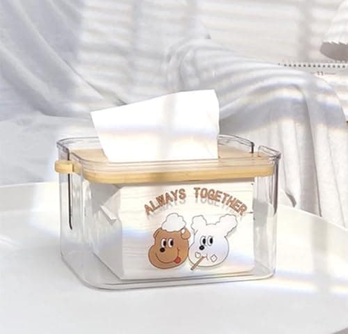 Generic Clear Tissue Box Holder with Wooden Lid, Transparent, Shatter-Resistant, Cute Bear Design, .em Facial tissue holder