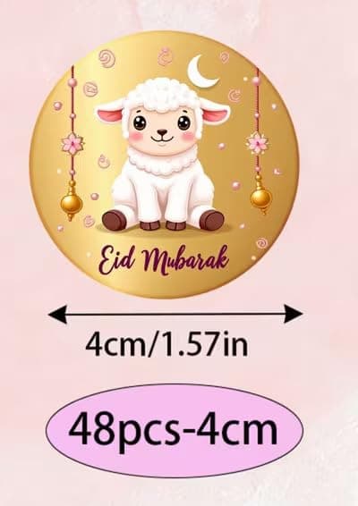 Eid Mubarak Stickers Round Cartoon Sheep Gold 4cm 48pcs
