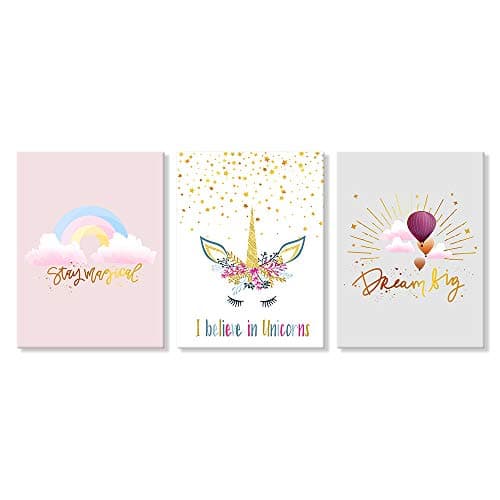 3 Pieces Unicorn Bedroom Decor for Girls Princess Room Decor Rainbow Pink Toddler Girl Room Decor Canvas Prints Motivational Colorful Hot Air Balloon Cartoon Unicorns Framed Pictures for Teen Girl Wall art
