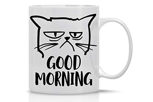 Good Morning Funny Grumpy Cat Mug - Cute Unique Cat Mom Gifts For Birthdays Present for Cat Lover Cup For Crazy Cat Ladies Great Office Mug Gag Gift - 11oz Coffee Mug and Tea Cup - By CBT Mugs Drinking cup