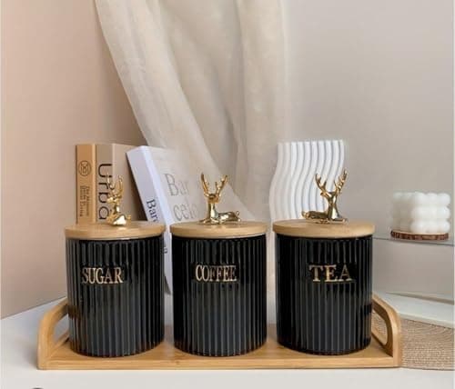 Generic Porcelain Coffee Corner Set with Bamboo Lid and Stand, 3 Pieces Tea Coffee Sugar Canisters, 500ml Capacity, Black with Gold Accents .em
