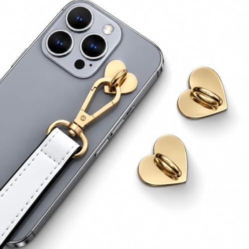 Adhesive Phone Strap Anchor, 2PCS Heart-Shaped Metal Phone Holder, Secure Stick-On Attachment for Smartphones and Phone Cases, Durable Phone Lanyard Mount, GOLD Cell phone grip