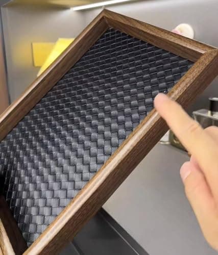 Generic Wooden Serving Tray with Woven Leather Surface, Rectangular, Brown and Black, 30x20 cm, .KI