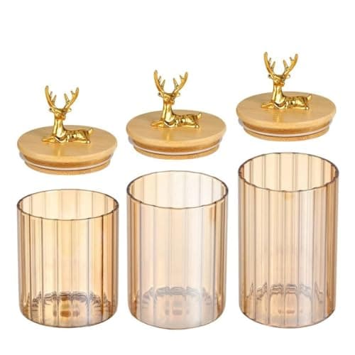 Generic Candy and Spice Jars with Bamboo Lids, Gold Gazelle Design, Clear Amber, 3 Pieces, Various Sizes, .bak Food storage container
