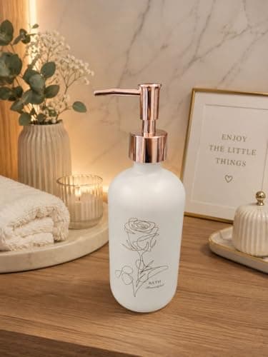 Generic Glass Soap Dispenser, White, with Rose Gold Pump, 500ml, for Liquid Soap, Shampoo and Lotion, Rose Design, .Ais