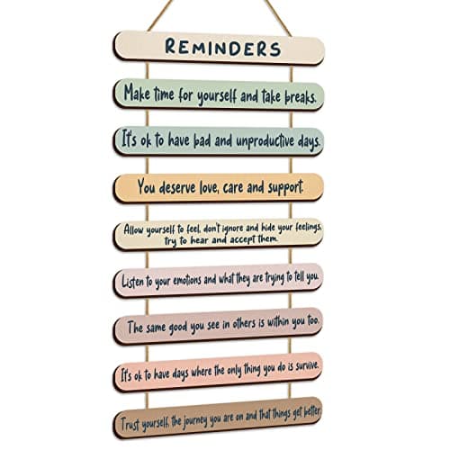 Mental Health Reminders Wooden Hanging Wall Art Room Decor Positive Psychology Affirmations Feelings Wall Pediments for Home Counseling Office Students Classroom (Cute Color)