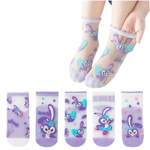 Girls Sheer Ankle Socks with Cartoon Rabbit Print, 3 Pairs | Purple & White Colours, Mesh Fabric, Frilled Cuff, Kids' Wear, Breathable Design