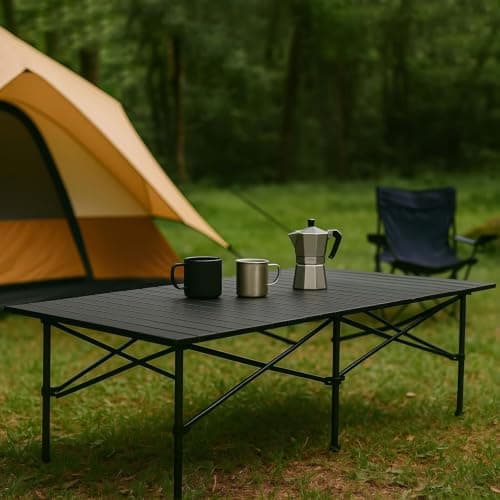 Portable Folding Camping Table Roll Top Slatted Surface with Carry Bag