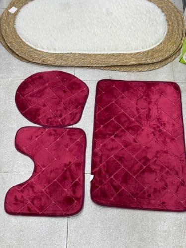 Generic Velvet Bath Mat Set, Grey, 3 Pieces, Non-Slip Backing, Super Soft Faux Fur, Ribbed Texture Design .flo (red) Rug