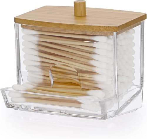 Circle M L-Shape Acrylic Q-Tip & Cotton Ball Holder: Bamboo Lid Vanity Organizer