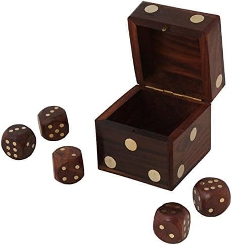 Handmade Indian Dice Box Made of Durable Wood Inlaid Copper with 5 Decorative Wooden Dice Pieces for Premium Play Fun for Carrying and Everyday Use