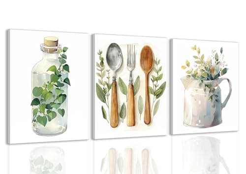 Kitchen Sage Green Wall Art Set of 3 Sage Green Plant Wall Decor Minimalist Dining Room Botanical Canvas Poster Prints Modern Kitchen Decor Pictures for Bedroom Living Room, Framed 12x16 inch