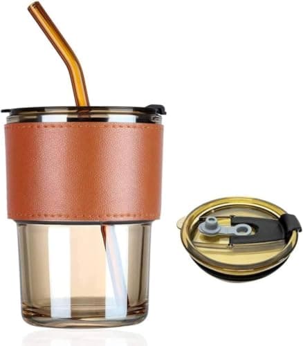 [Bedaya] Glass Coffee Mug with Lid and Shalemo, Iced Coffee Gesture Glass Mug with Insulated Leather Shell, Reusable Travel Mug, Heat-Resistant Tempered Glass Multicolor 1 Piece