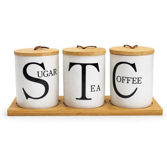 Porcelain Sugar Tea Coffee Jar Set of 3 Pieces 350ml | Bamboo & Silicone Gasket Cover, Wooden Base Included, Kitchen Set, 350ml Capacity, Black and White Design