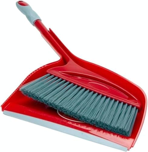 Broom and Dustpan Set, Long-Handle Upright Floor Sweeper with ABS Plastic Pan for Home, Kitchen, Office and Balcony Cleaning (Red, C130016) Cleaning brush