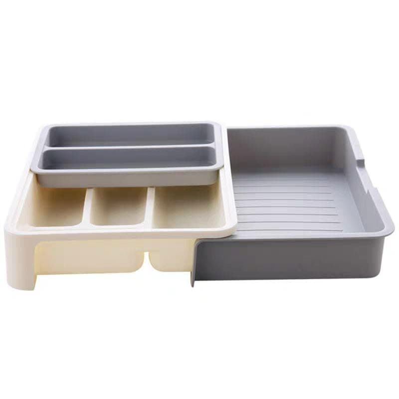 Generic Expandable Kitchen Drawer Organiser, Cutlery Tray with Multiple Compartments, Grey and Beige .rom Caddy