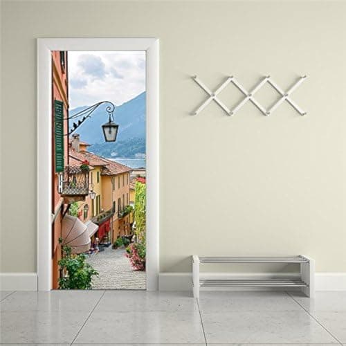 Home Decor Sticker Town Street European 3D Refurbished Wooden Door Bedroom Living Room Self-adhesive Removable Decor Door Sticker Wall Sticker Sticker decal