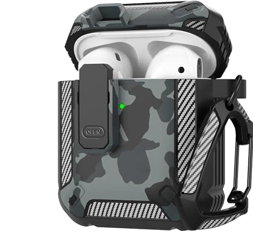 Elmo3ezz Compatible for AirPods Case Cover, Airpods 1/2 Protective Case with Lock Gen 1/2 Military Hard Shell Rugged Shockproof with Apple Airpods 2nd Airpods 1st Generation, (Camo Gray) Portable electronic device cover