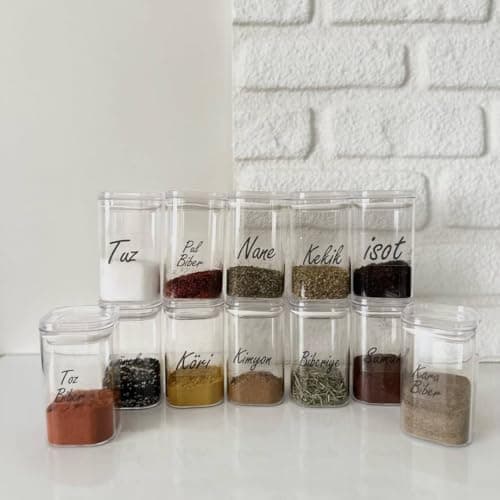 Generic Clear Acrylic Spice Jar Set, Square Shape, Airtight Black Seal, Transparent, with Waterproof Labels, 250ml, 12 Pieces, .nin Food storage container